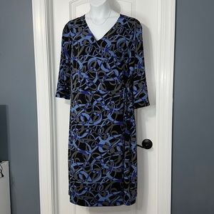 Black & blue faux wrap dress with side tie